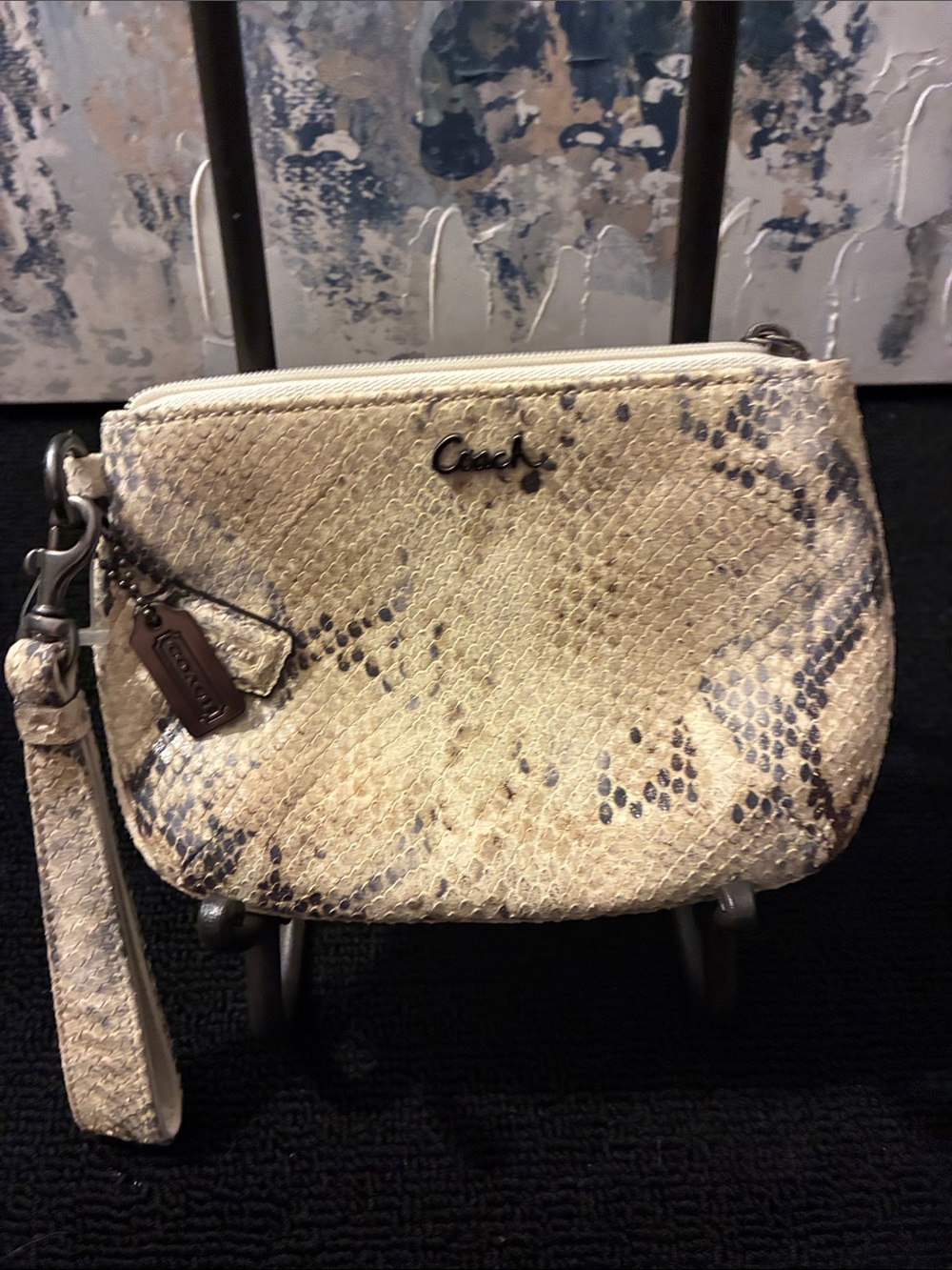 EUC !Genuine Leather Coach Snake-Embossed Wristlet Clutch in Cream and Brown